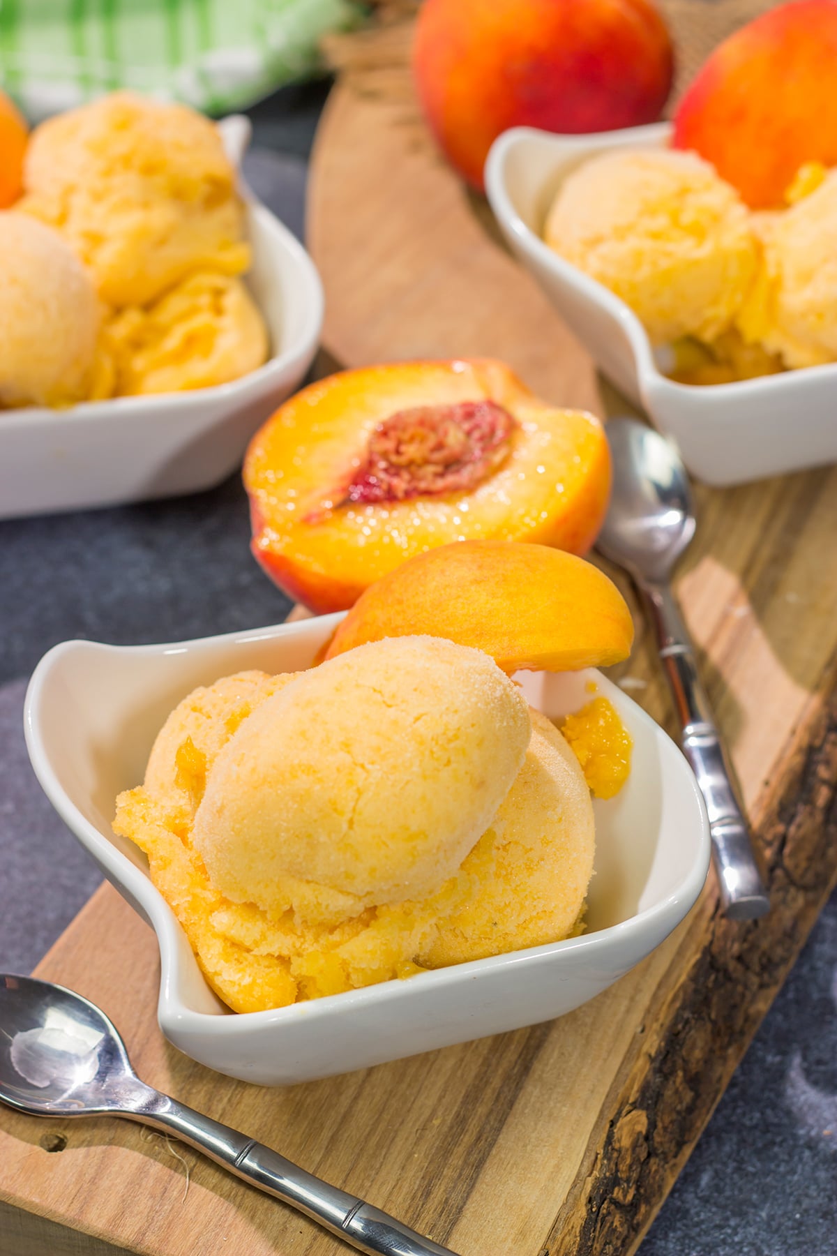 This Peach Sorbet uses only a few basic ingredients, and the result is an easy dairy-free dessert that tastes great on a hot summer day!