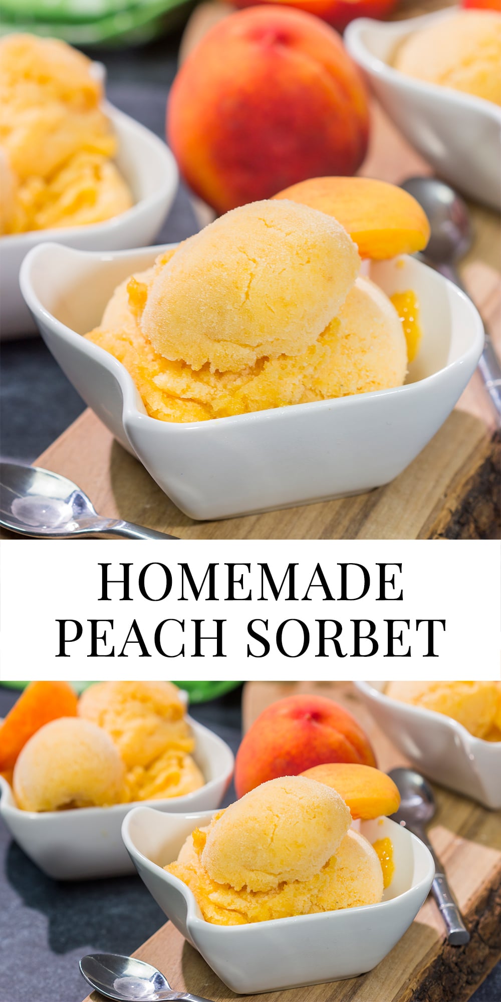 This Peach Sorbet uses only a few basic ingredients, and the result is an easy dairy-free dessert that tastes great on a hot summer day!