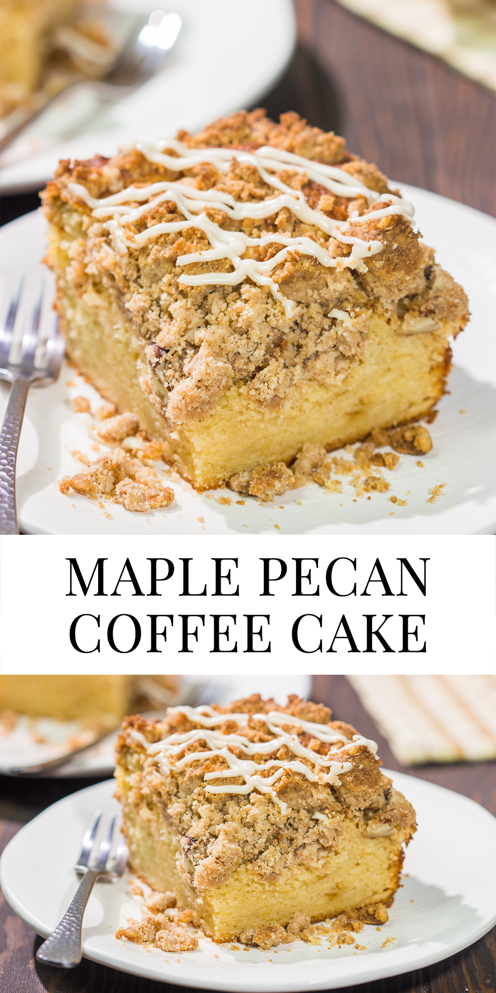 This Maple Pecan Coffee Cake features the cozy flavors of maple, cinnamon and brown sugar. A warm slice of this cake next to a cup of coffee is the perfect way to start a fall day!