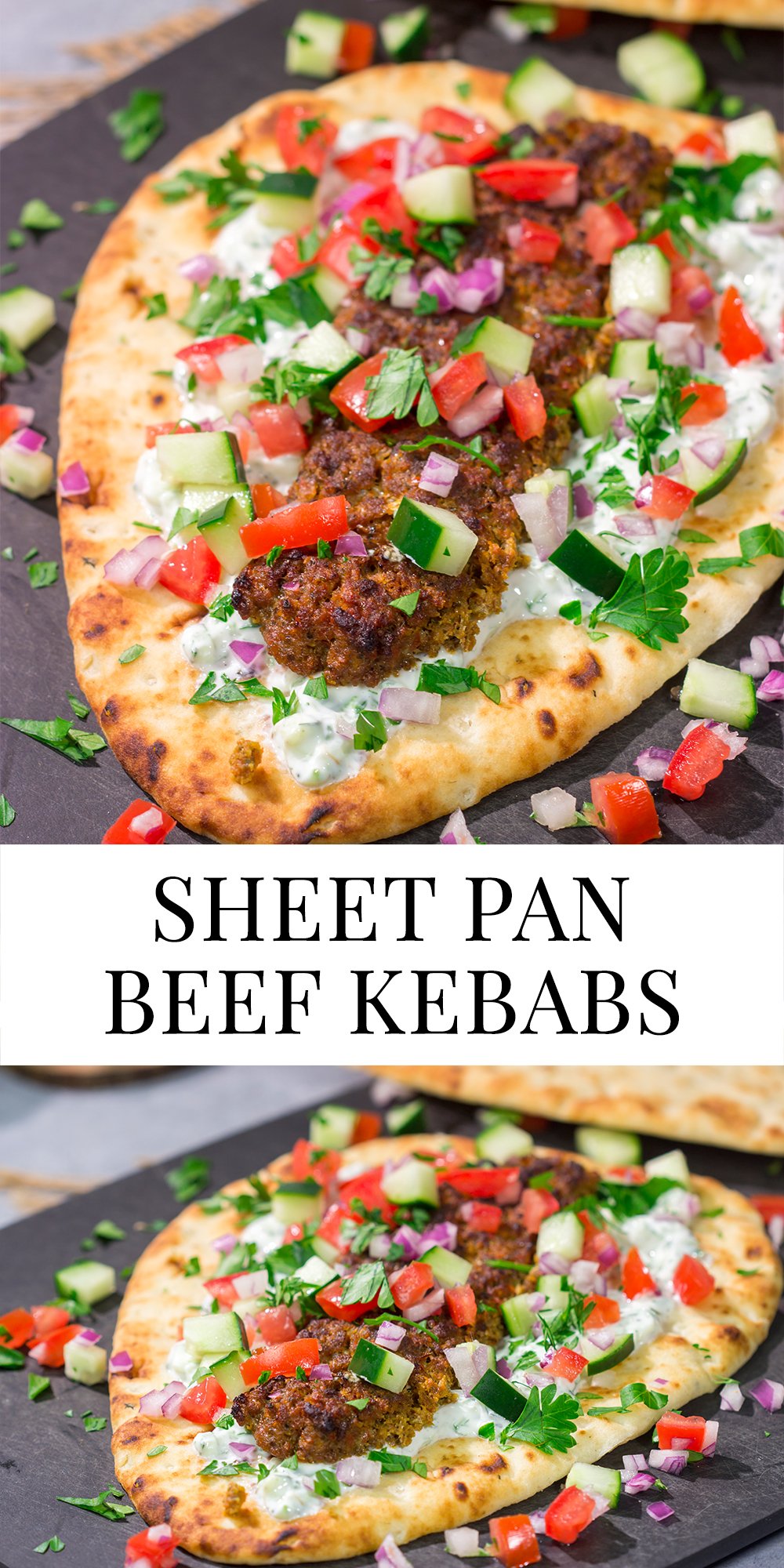 These Sheet Pan Beef Kebabs feature heavily seasoned ground beef served over warm naan. Add in the easy homemade tzatziki sauce, and you've got a delicious dinner plan!