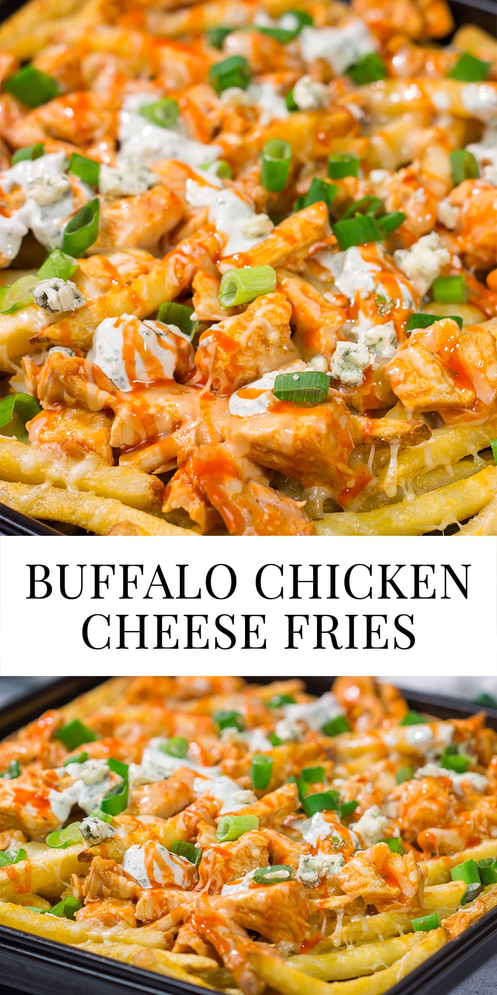 These Buffalo Chicken Cheese Fries are a fantastic gameday appetizer! The kick from the buffalo chicken combined with the creamy blue cheese dressing and melted cheese is a mouthwatering combo.