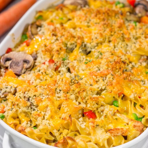 This Cheesy Chicken Noodle Casserole is creamy, comforting and packed with flavor. It's an easy meal the entire family will love!
