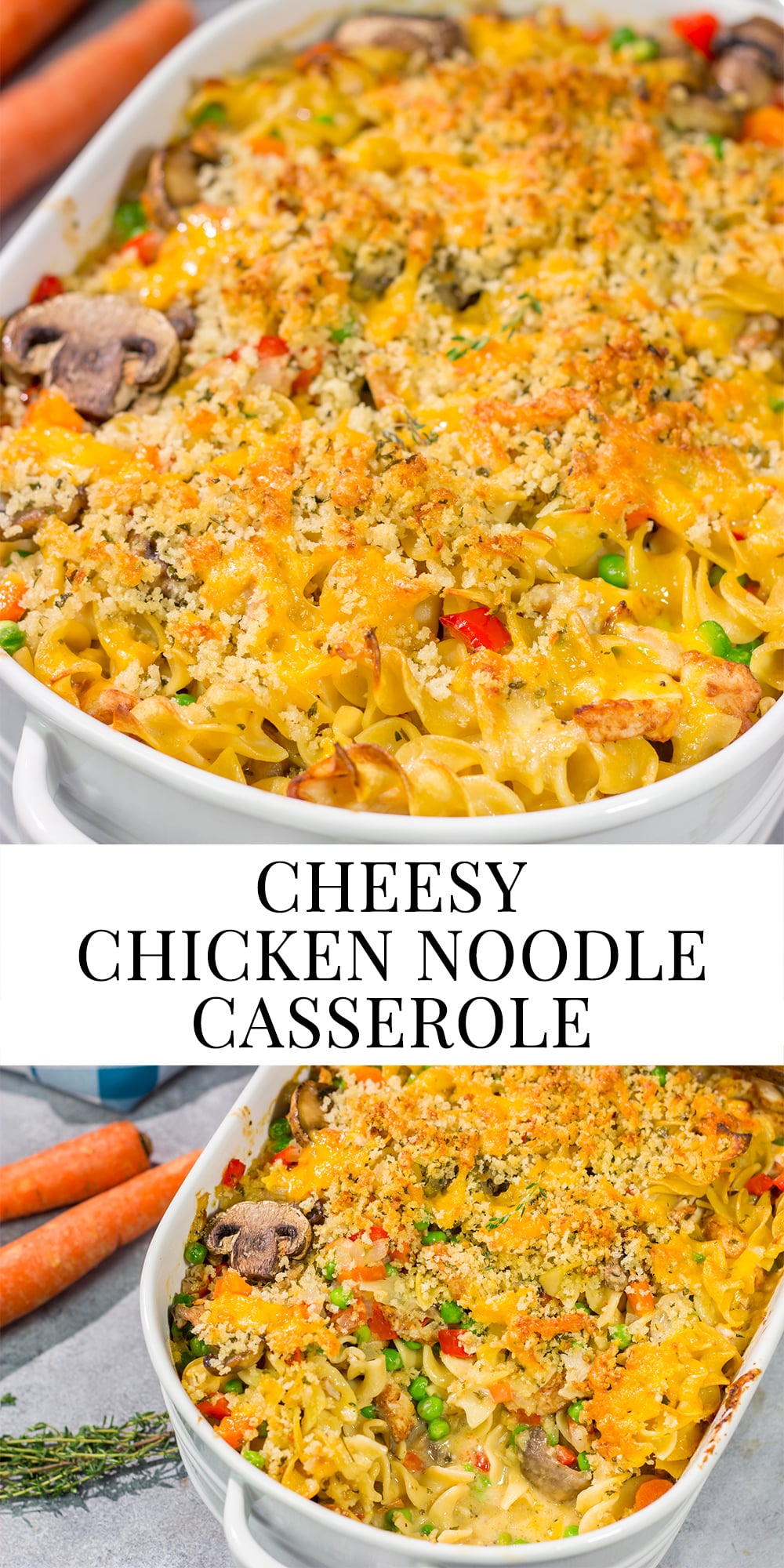 This Cheesy Chicken Noodle Casserole is creamy, comforting and packed with flavor. It's an easy meal the entire family will love!